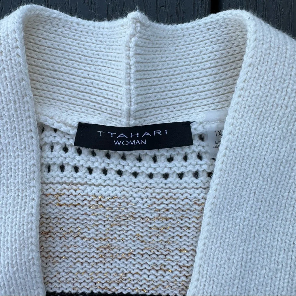T Tahari‎ Black White and cream Open-Knit Cardigan Officecore